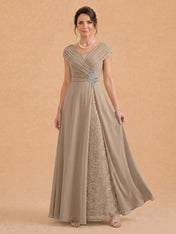 V-Neck Ruched Chiffon A-Line Mother of the Bride Dress with Crystal Brooch