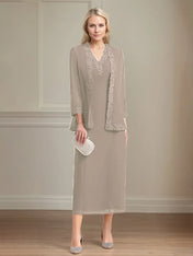 Sheath/Column Chiffon V Neck 3/4 Sleeves Tea Length Mother Of The Bride Dress