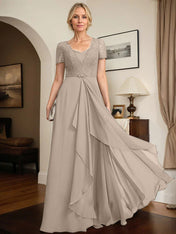 A-line Sweetheart Floor-Length Chiffon Lace Mother of the Bride Dress With Beading Cascading Ruffles