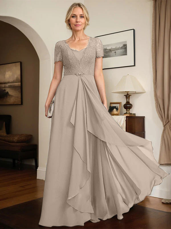 A-line Sweetheart Floor-Length Chiffon Lace Mother of the Bride Dress With Beading Cascading Ruffles