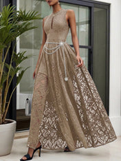 Midnight Black Lace Hollow Out Crew Neck Sleeveless A-Line Maxi Dress