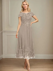 A-line Illusion Scoop Tea-Length Lace Chiffon Mother of the Bride Dress With Sequins