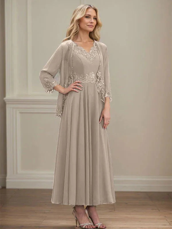 Robe de mère de la mariée trapèze en mousseline de soie, col en V, longueur cheville, avec appliques à paillettes et perles en dentelle 