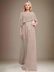 A-line Scoop Floor-Length Chiffon Lace Mother of the Bride Dress With Sequins Beading
