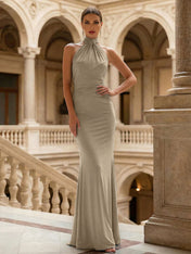 Navy Blue Halter Neck Maxi Dresses Mermaid Evening Dress