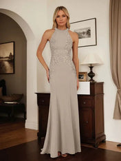 Dusty Blue Sheath Halter Long Mother of Bride Dress With Appliques