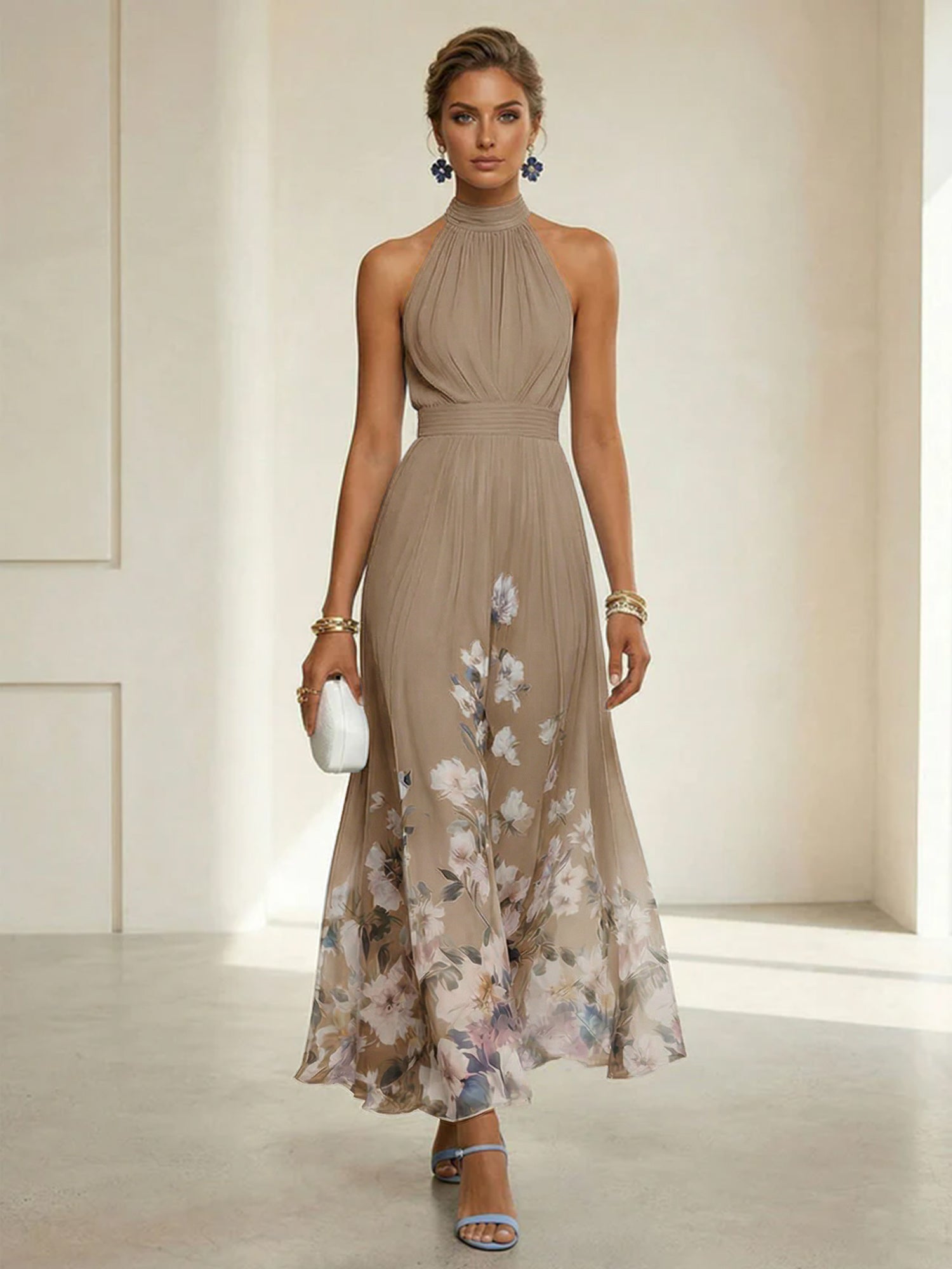 Light Blue Floral Chiffon Halter Sleeveless A-Line Maxi Dress Gown