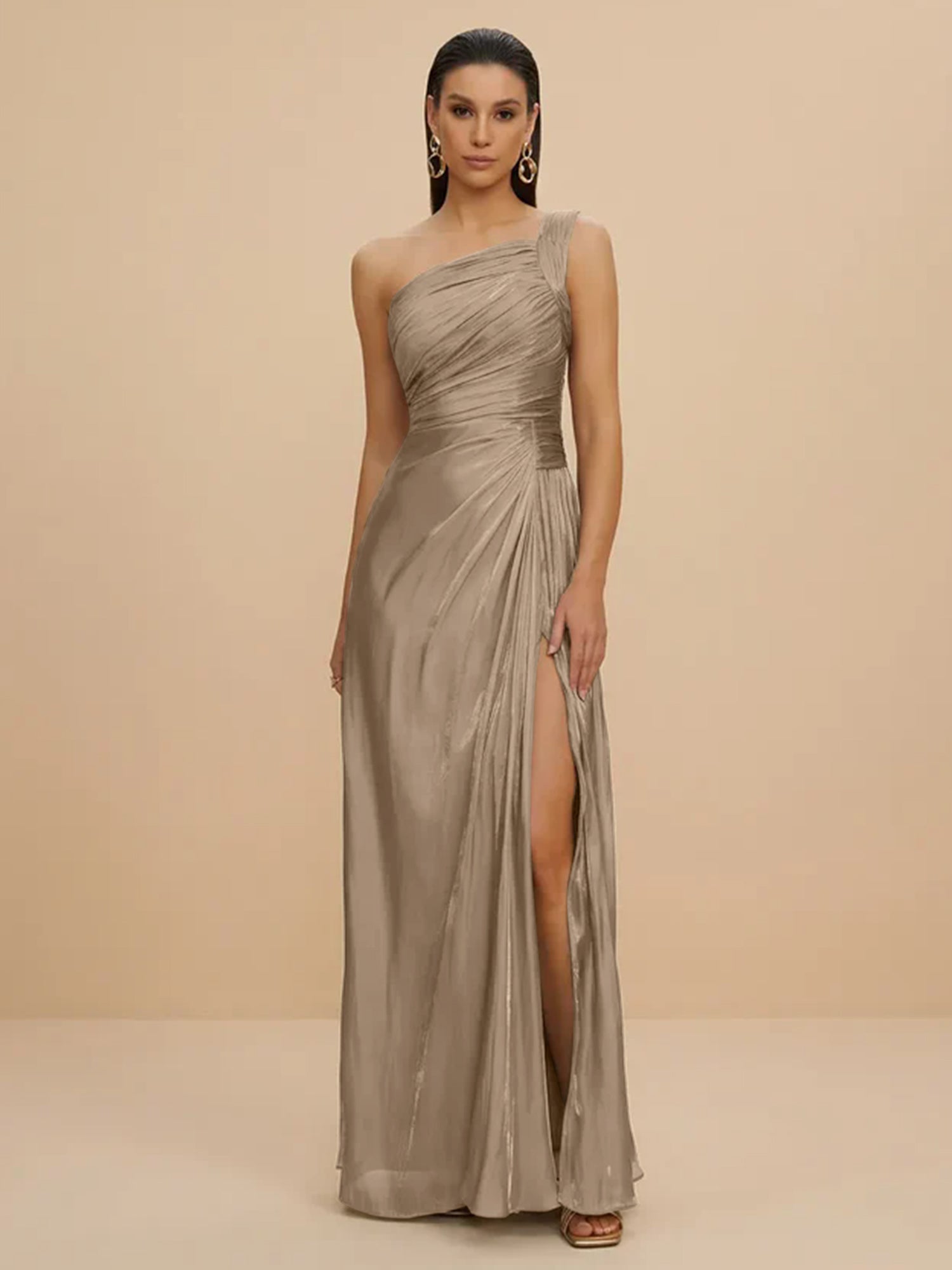 Forma Dress One Shoulder Metallic Pleated Evening Gown with High Slit