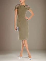 Sheath/Column Stretch Crepe Scoop Short Sleeves Knee Length Dress