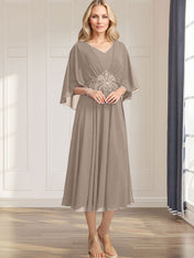 A-line V-Neck Tea-Length Chiffon Mother of the Bride Dress With Pleated Sequins Appliques Lace Beadind
