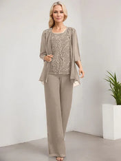 Separates Jumpsuit/Pantsuit Scoop Floor-Length Lace Chiffon Mother of the Bride Dress With Sequins