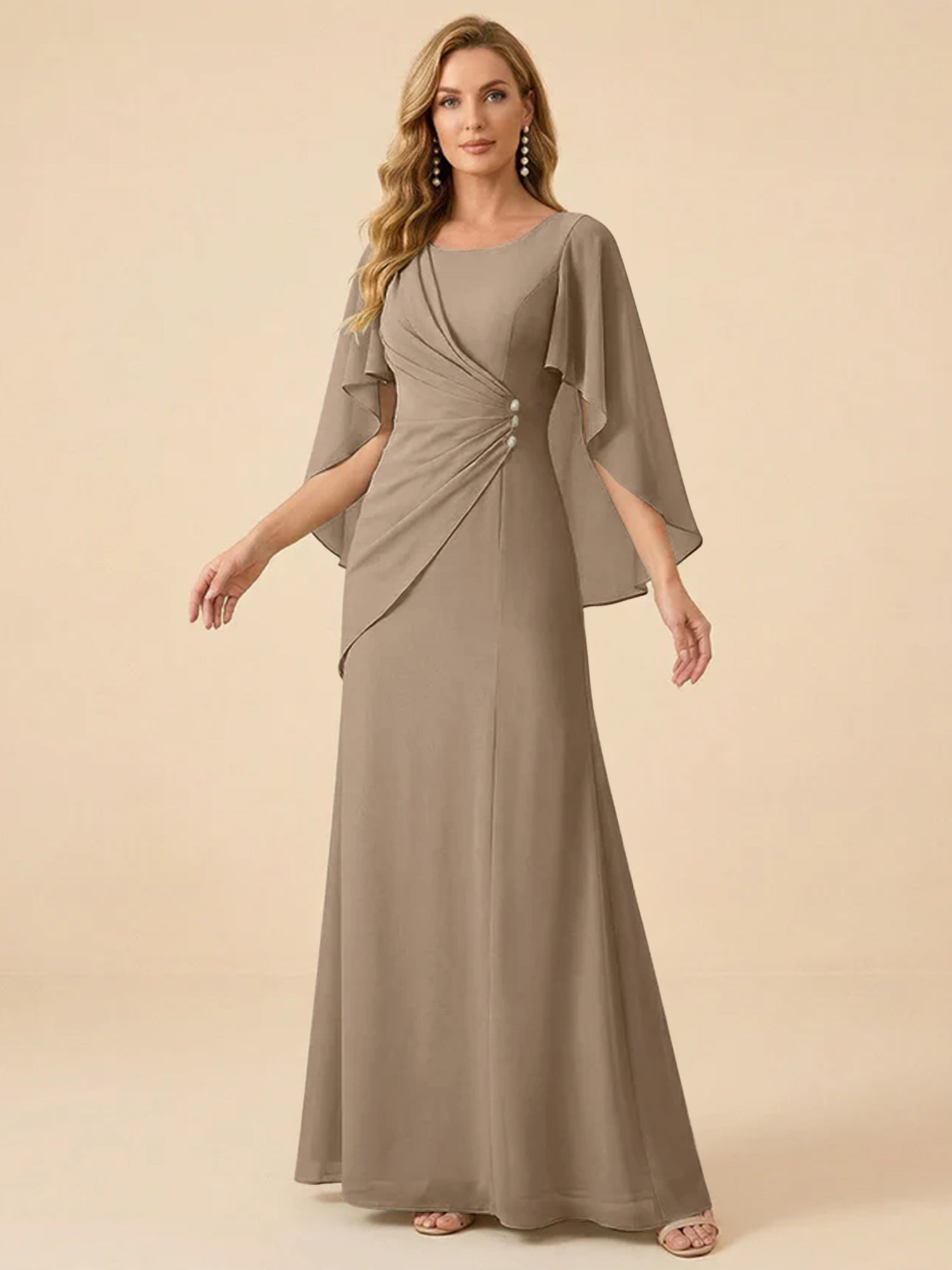 Sage Green Chiffon Beaded Mother of the Bride Dress with Cape Sleeves