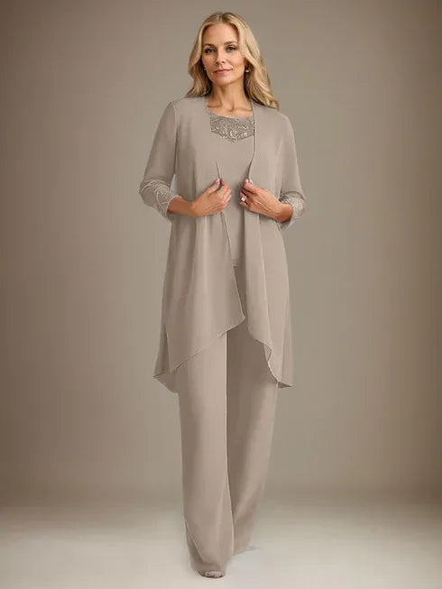 Chiffon Scoop Long Sleeves Mother Of The Bride Pantsuits With Jacket