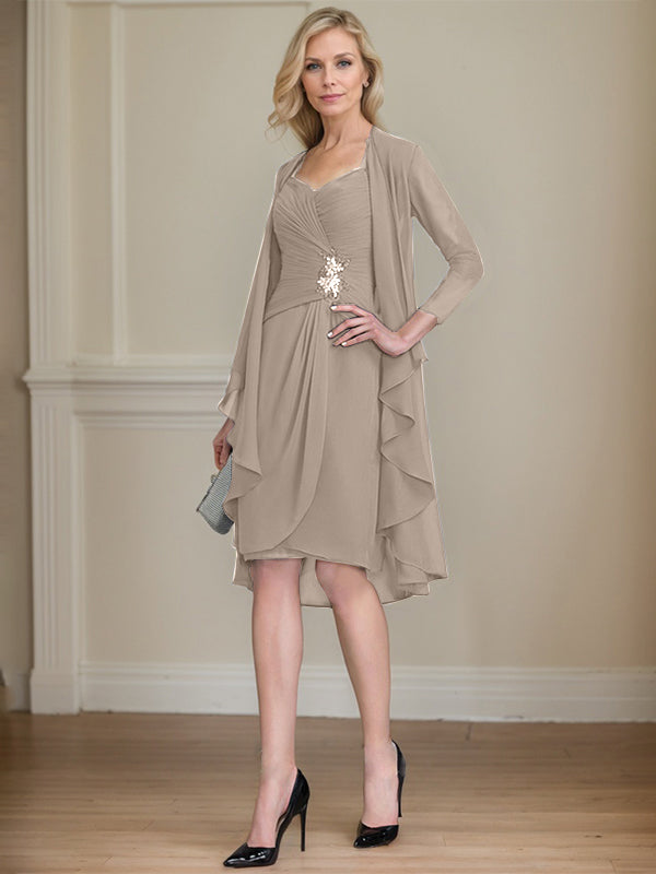 Column Sweetheart Knee-Length Chiffon Mother of the Bride Dress With Beading Appliques Lace Sequins Pleated