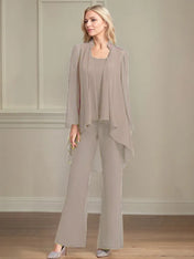 Chiffon Scoop Neck Long Sleeves Floor Length Mother Of The Bride Pantsuits