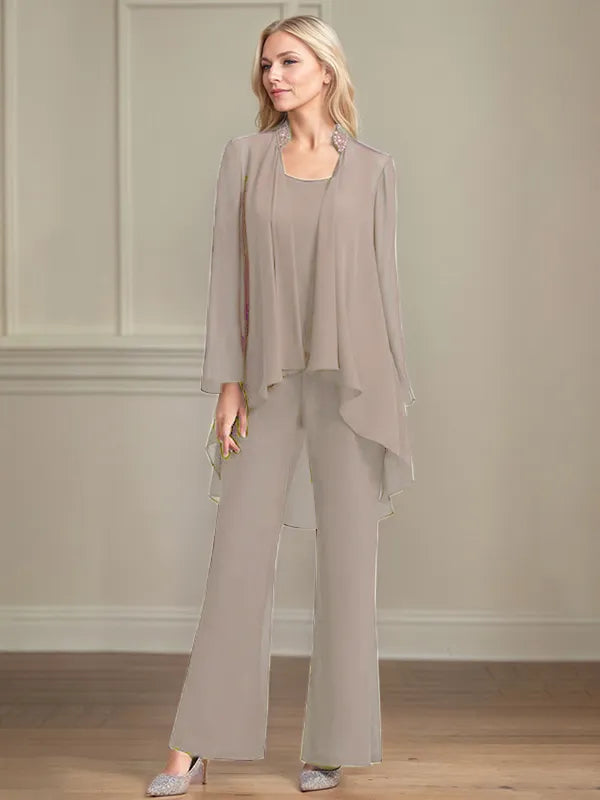 Chiffon Scoop Neck Long Sleeves Floor Length Mother Of The Bride Pantsuits