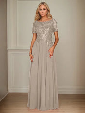 A Line Chiffon Boat Neck Short Sleeves Floor Length Mother of the Bride Dresses
