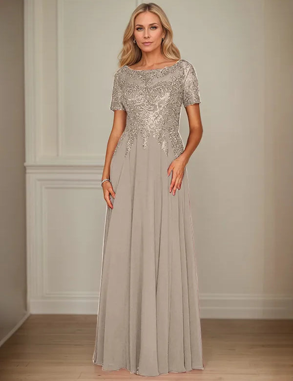 A Line Chiffon Boat Neck Short Sleeves Floor Length Mother of the Bride Dresses