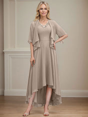 A-line V-Neck Asymmetrical Chiffon Mother of the Bride Dress With Beading Sequins
