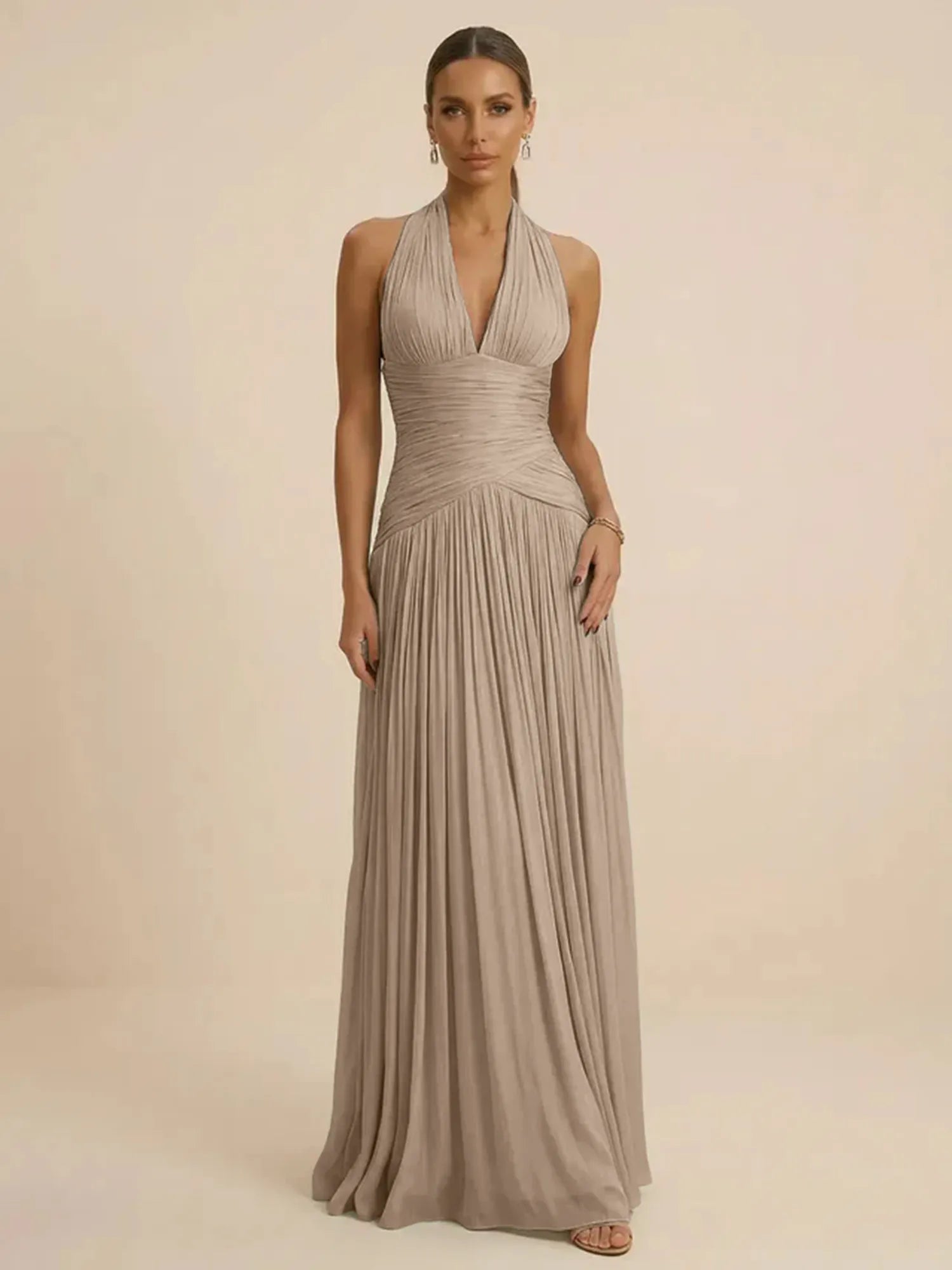 Sage Green Halter Neck Pleated Chiffon Evening Gown with Ruched