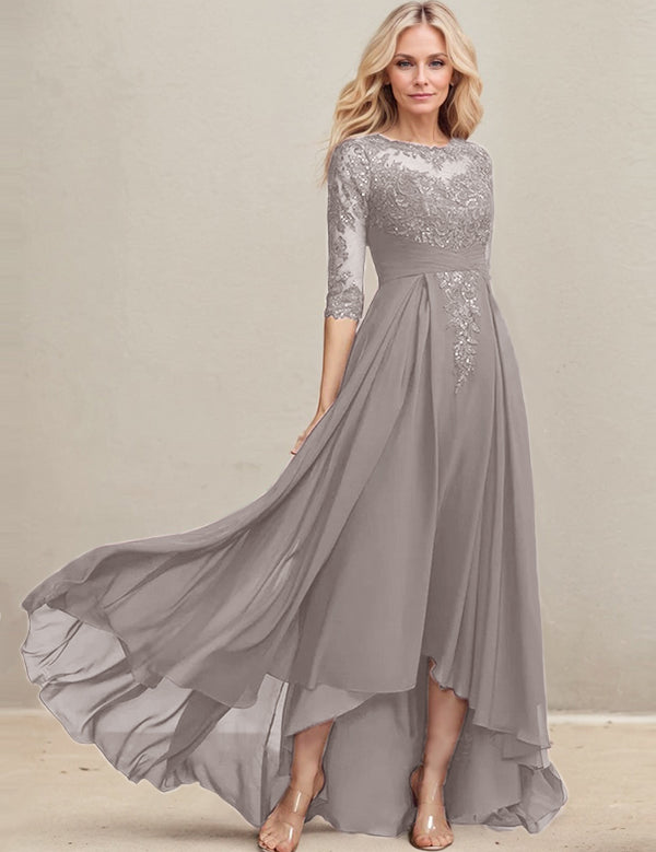 Robe de mère de la mariée asymétrique en mousseline de soie et dentelle, coupe trapèze, décolleté en V, avec sequins plissés 