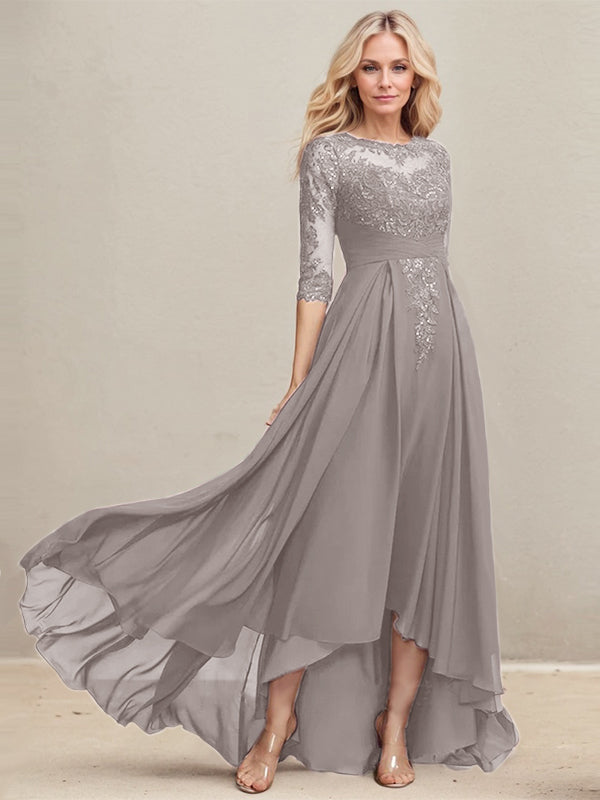 A-line Scoop Illusion Asymmetrical Lace Chiffon Mother of the Bride Dress With Pleated Sequins