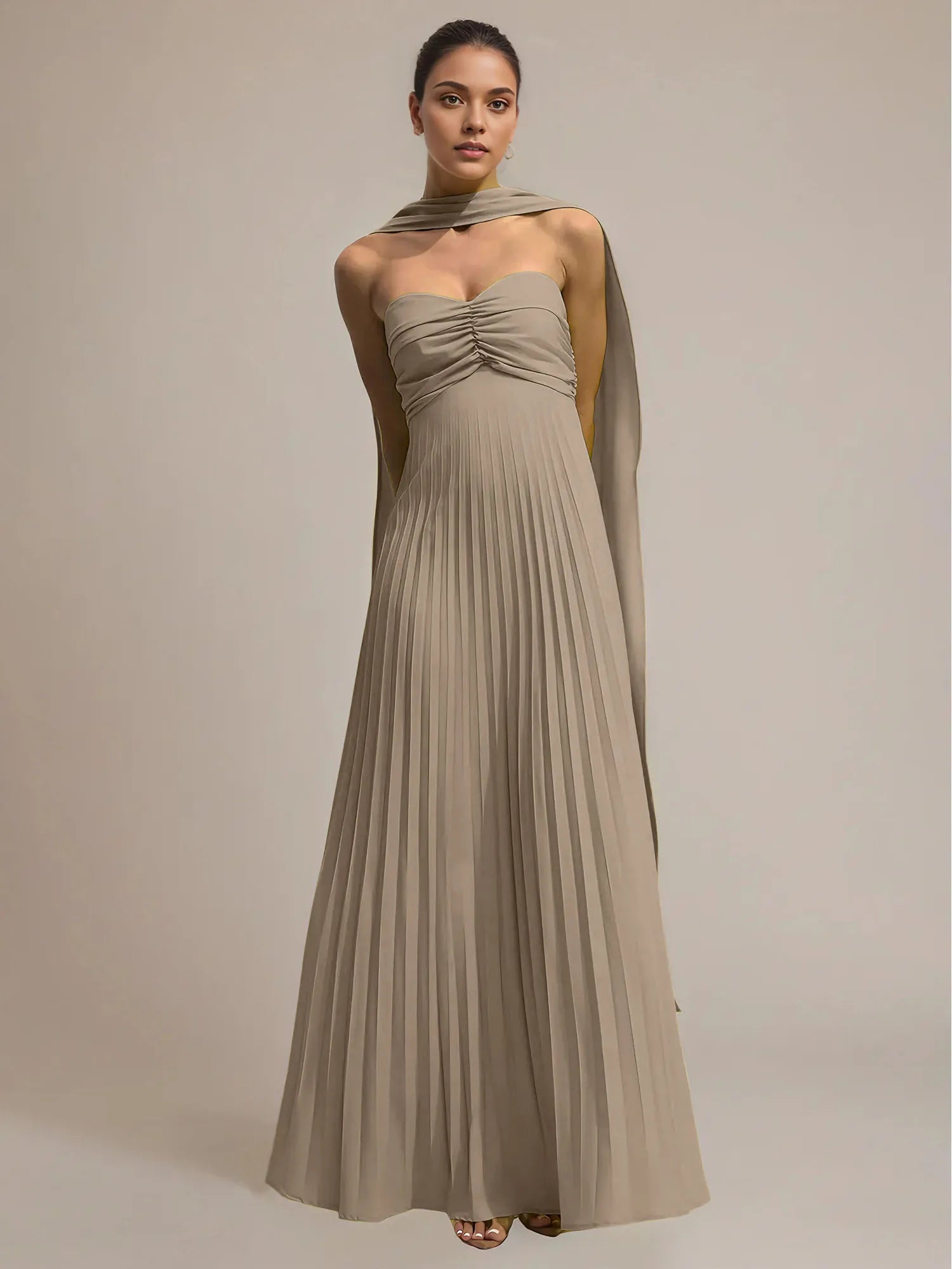 Green Chiffon A Line Off The Shoulder Sleeveless Floor Length Pleated Dress