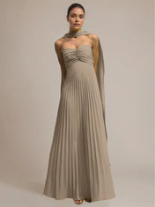 Green Chiffon A Line Off The Shoulder Sleeveless Floor Length Pleated Dress