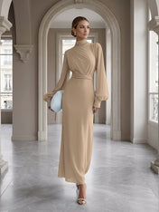 Ice Blue High-Neck Bishop Sleeve Gown Foraml Evening Dress