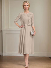A-line Scoop Tea-Length Chiffon Mother of the Bride Dress With Pleated