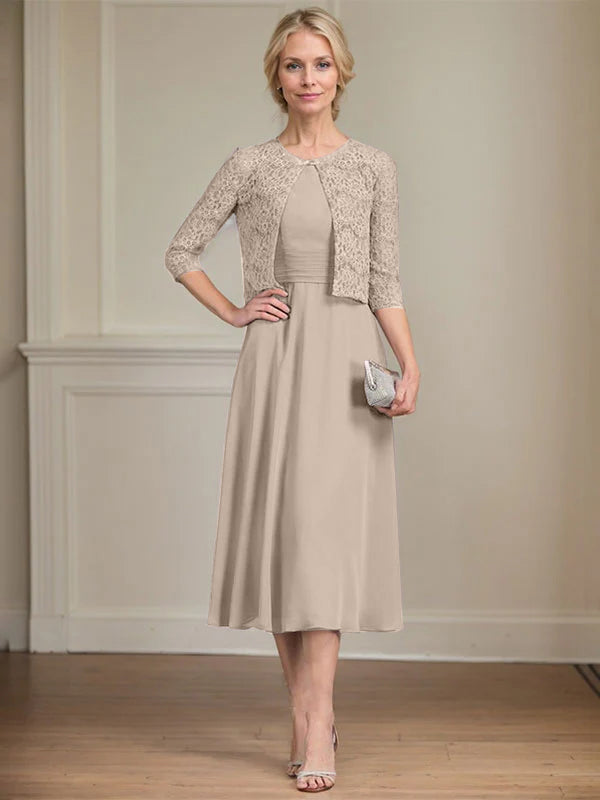 A-line Scoop Tea-Length Chiffon Mother of the Bride Dress With Pleated