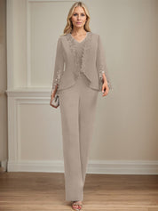 Separates Jumpsuit/Pantsuit V-Neck Floor-Length Chiffon Mother of the Bride Dress