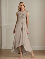 Champagne A-Line Scoop Lace Chiffon Dress