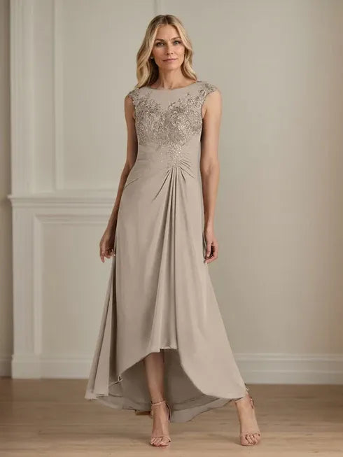 Champagne A-Line Scoop Lace Chiffon Dress