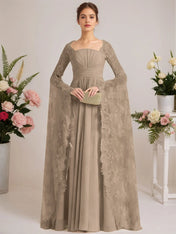 A-line Square Floor-Length Chiffon Lace Evening Dress With Beading Pleated