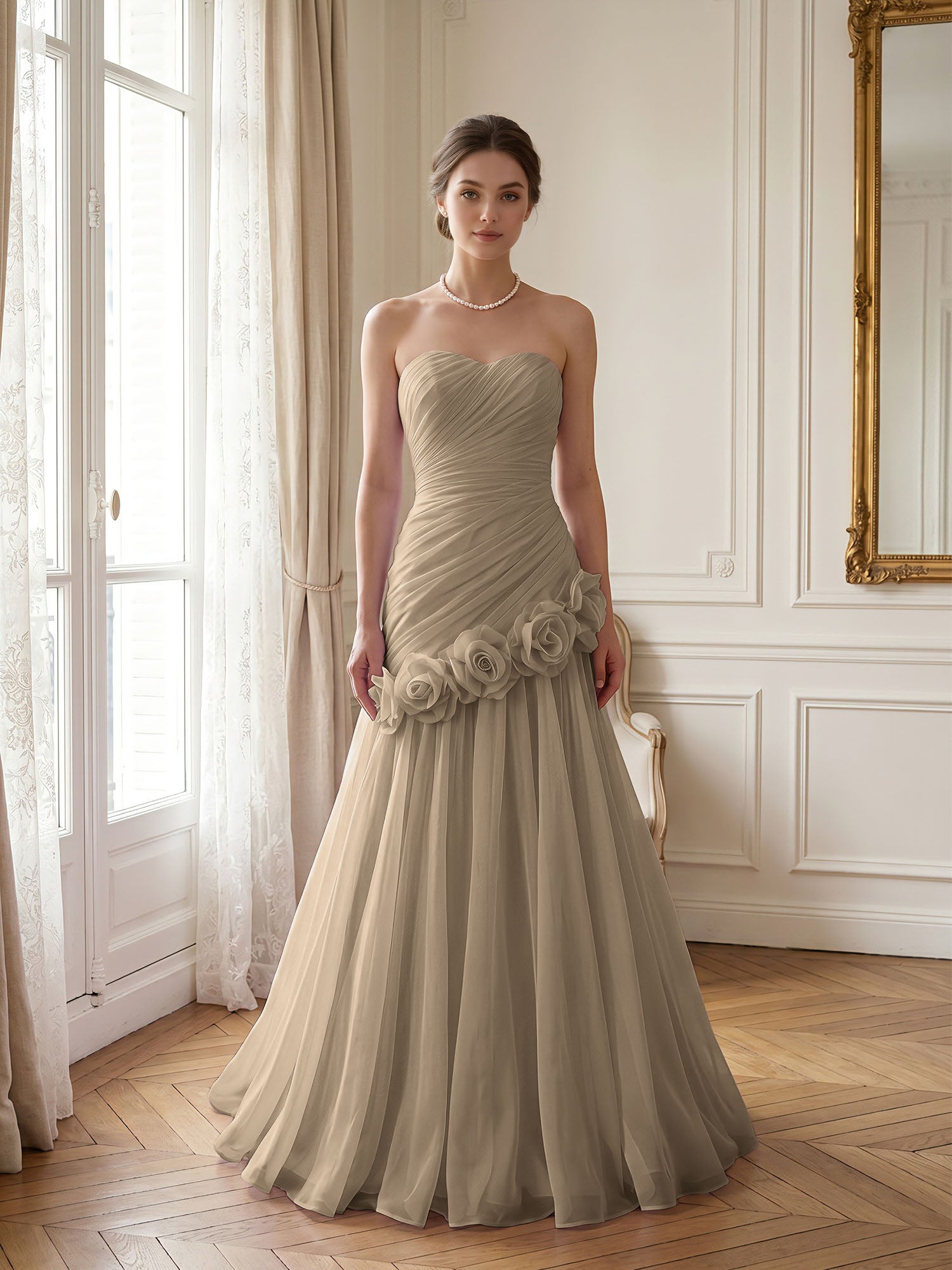 Lilac 3D Rosette Strapless Chiffon Evening Formal Gown Wedding Guest Dress