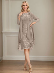 Sheath/Column Scoop Illusion Knee-Length Lace Chiffon Mother of the Bride Dress With Cascading Ruffles Sequins