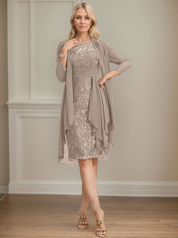 Column Scoop Illusion Knee-Length Lace Chiffon Mother of the Bride Dress With Cascading Ruffles Sequins
