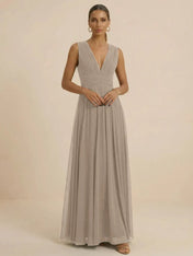 Teal Pleated V-Neck Chiffon Evening Gown with Ruched