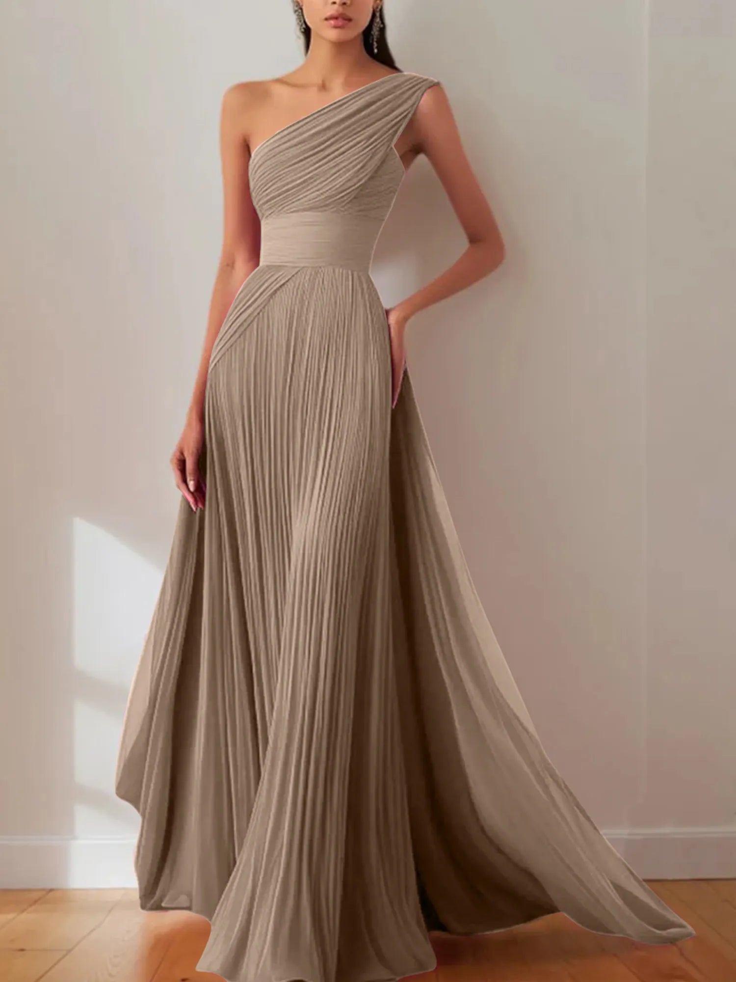 Prom Formal Pleated Dress Rose Color One-Shoulder Maxi Dress