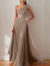 Prom Formal Pleated Dress Rose Color One-Shoulder Maxi Dress