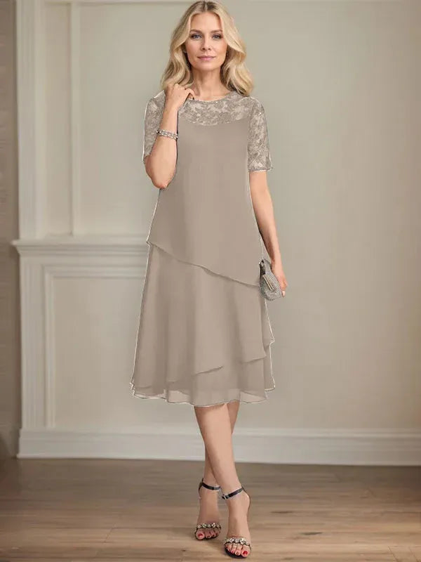 A-line Scoop Illusion Knee-Length Lace Chiffon Mother of the Bride Dress With Sequins