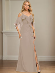 Sheath/Column Cold Shoulder V-Neck Floor-Length Chiffon Dress With Cascading Ruffles Sequins Beading