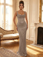 Sparkly Blue Shimmer Cowl Neck Corset Prom Dress