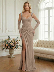 Light Blue Sequin Mermaid Matching Opera Gloves Long Prom Dress with Slit