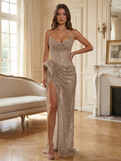 Champagne Gold Crystal-Embellished Corset Long Prom Dress with Slit