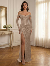 Silver Sequin Off-the-Shoulder Long Sleeves Corset Prom Dress with Slit