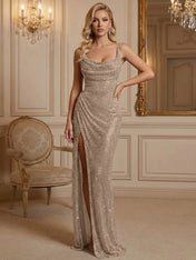 Silver Sequin Cowl Neck Ruched Long Prom Dress with High Slit