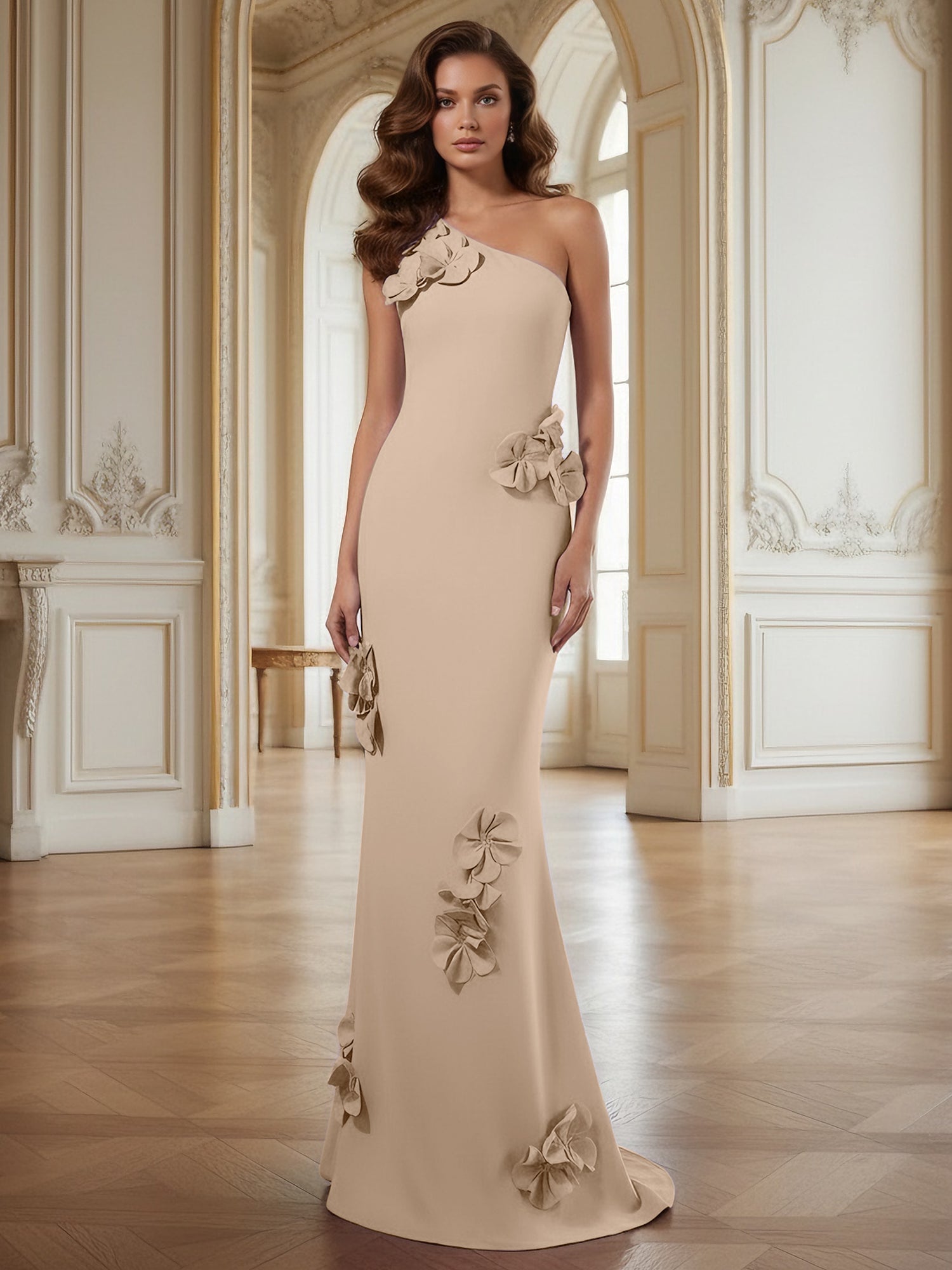 Cream One-Shoulder Prom Dress with Sculptural 3D Floral Appliqués