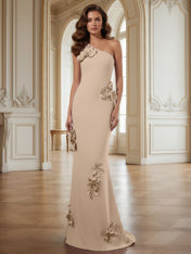Cream One-Shoulder Prom Dress with Sculptural 3D Floral Appliqués